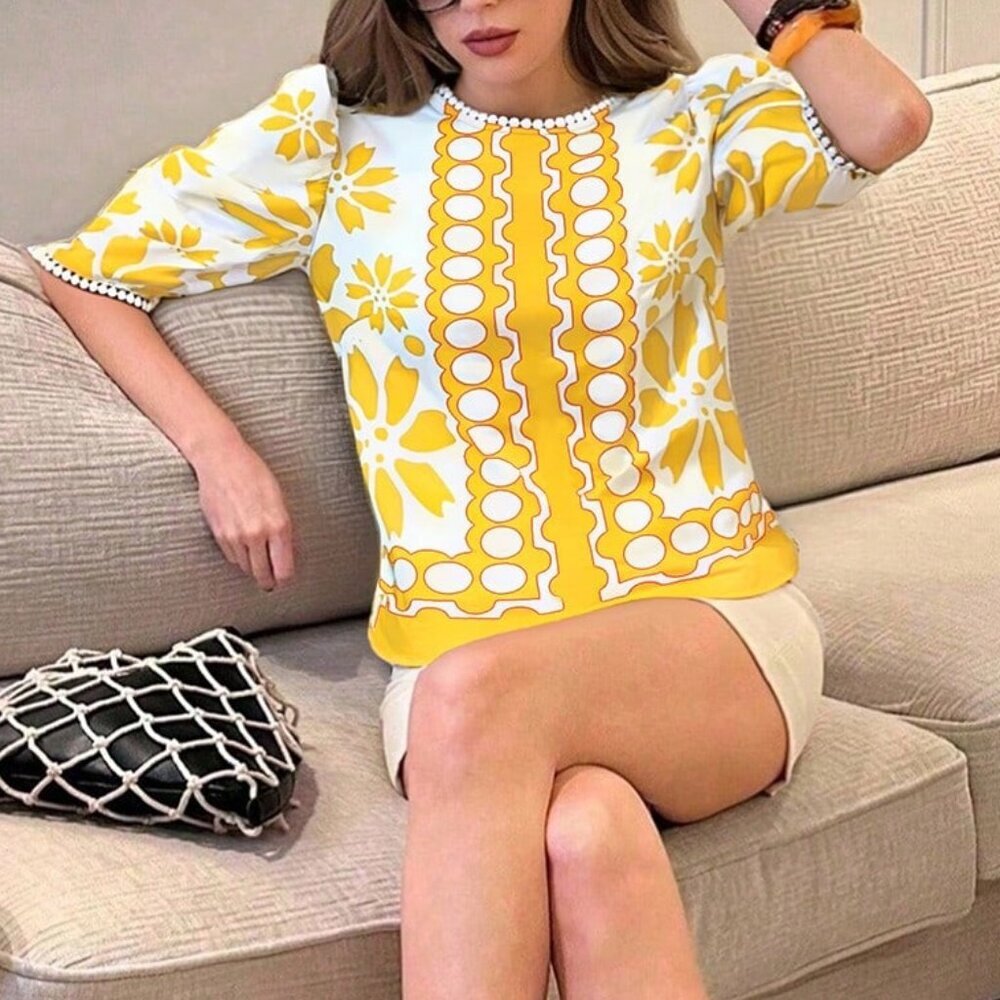Yellow Casual Women's Floral Print Ruffle Trim Shirt